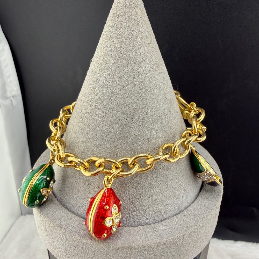 Vintage Egg Charm Bracelet Gold Tone Enamel Rhinestone Multi READ